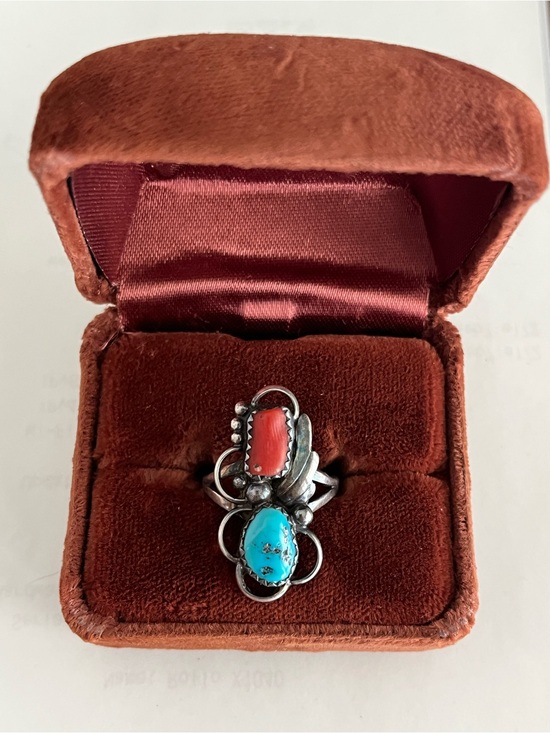 Vintage Jewelry - Vintage Native American Sterling Silver Ring With Natural Turquoise and RedCoral